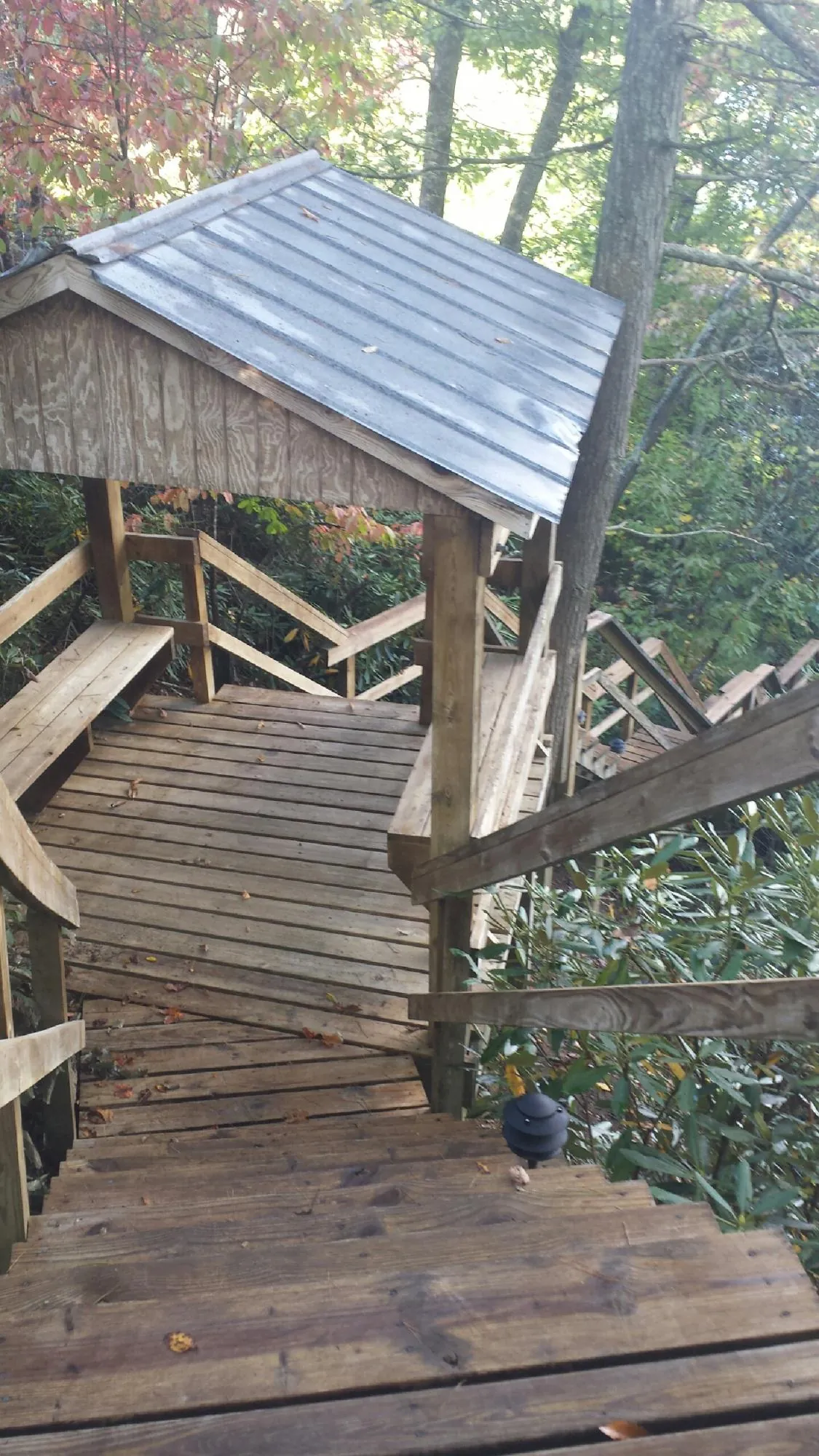 Metal roofed shelter over wooden steps on a wooded walkway — Skylight Repair & Installation work by our crew in River Grove